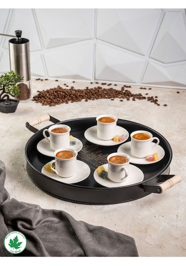 Lin Metal 37cm Yuvarlak Tepsi Ahşap Kulplu Kaktüs Baskılı - Siyah