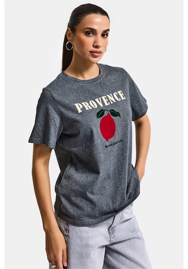 Itsbasic Kadın Gri W5 Oversize Baskılı %100 Pamuk T-shirt