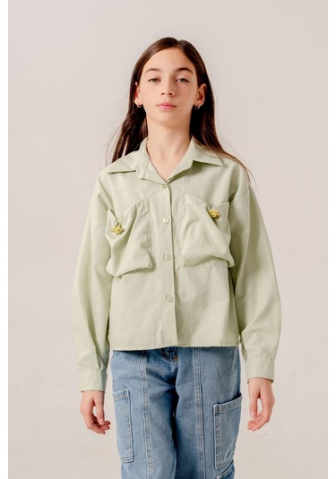Kız Çocuk Körük Cepli Gömlek 3155 Yeşil
