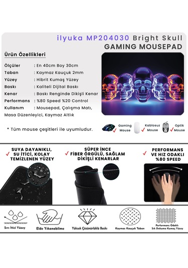 İlyuka 40x30cm Gaming Oyuncu Mousepad Bright Skull Mp204030