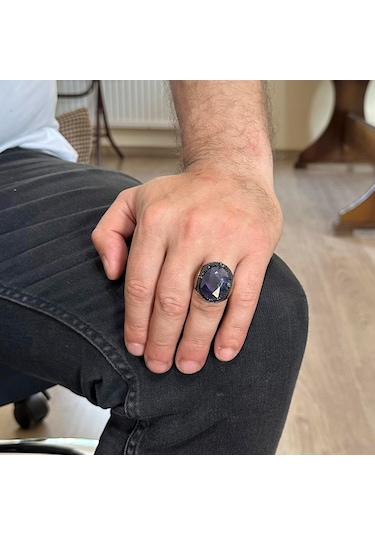 İslami Gümüş Yüzük Doğal Mavi Safir Taşı Şık 925 Ayar Sterlin Gümüş Erkek Yüzüğü Sadakat Ve Bilgelik Tasarımı Gümüş