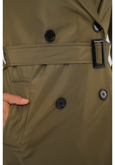 5941 Kruvaze Yaka Uzun Trençkot - Haki haki