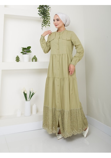 Dantelli Doğal Kumaşlı Boydan Düğmeli Kot Elbise Açık Yeşil