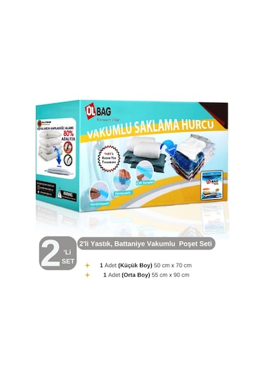 2'li Vakumlu Poşet Seti - 7 2 Orta Vakumlu Torba, Vakumlu Hurç Elbise Hurcu Şeffaf