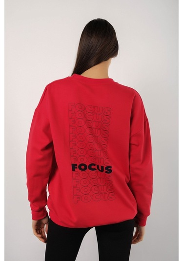 Modagen Kadın Kırmızı Focus Sırt Baskılı Bisiklet Yaka Oversize Sweatshirt Kkırmızı