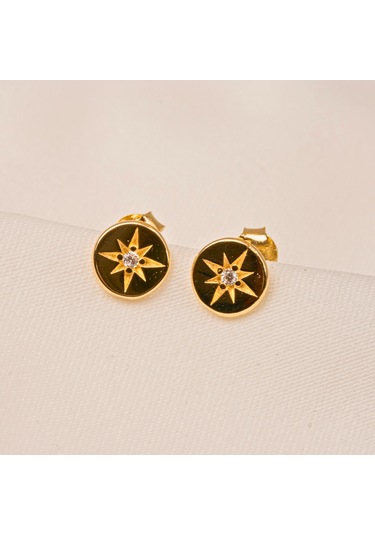 Altın Küpe - 14 Ayar Altın Kutup Yıldızı Taşlı Küpe Sarı