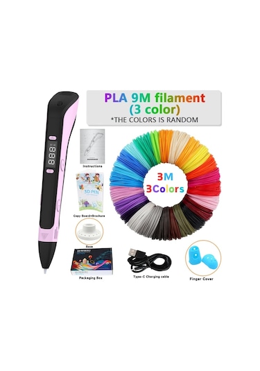 Xuweiwei Pembe 3d Yazıcı Çizim Kalemi Seti 3x3m Dıy Çizim Baskı Aleti 9m Pla Dolumlar Parmak Koruyucu Eskiz Defteri Lcd Ekranlı El Sanatları Aleti