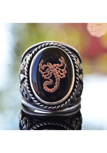 Akrep Hayvan Yüzüğü - Erkekler İçin Sterlin Gümüş Zambak Desenli Büyük Yüzük Gümüş