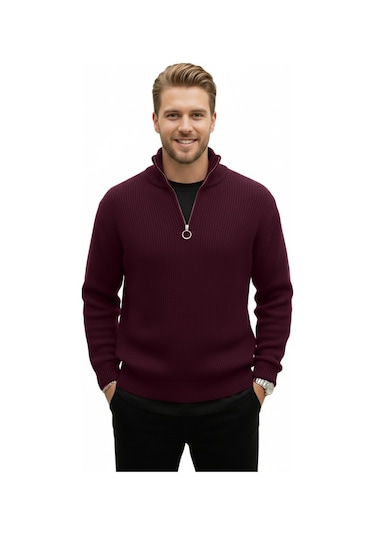 Deepsea Erkek Bordo Yarım Fermuarlı Oversize Kesim Triko Kazak %100 Pamuk, Yumuşak Dokulu Örgü Kazak 2608511 Bordo