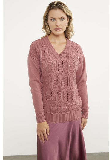 V Yaka Motifli Triko Kazak - Gül 001