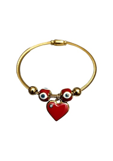 Bayan Çelik Kalp Nazar Boncuklu Gold Renk Kararmaz Mıknatıslı Kadın Bileklik Çelik