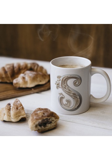 S Harfi Bardak, Monogram 330 Ml Barok Oymalı Görünüm Beyaz