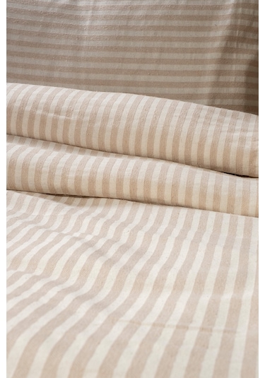 Vivamaison Çizgili Keten Tek Kişilik Nevresim + Yastık Sütlü Kahverengi