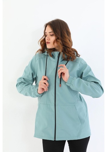 Kadın Astarlı Su Geçirmez Ve Rüzgara Dayanıklı Kapüşonlu Iç Cepli Yağmurluk - Rüzgarlık Mint Yeşil