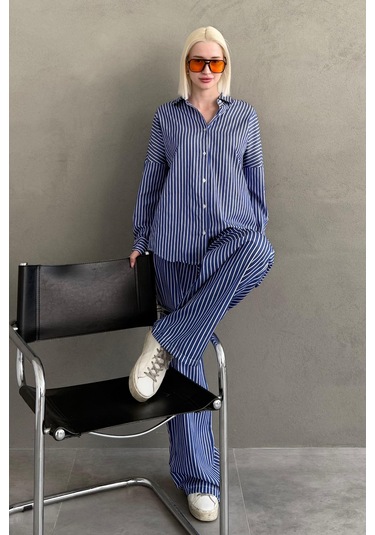 Madmext Lacivert Çizgili Gömlek Pantolon Kadın Takım Mg2457 Lacivert