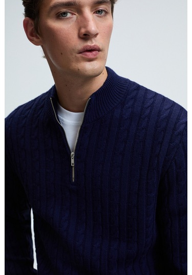 IVAR Erkek Yarım Fermuarlı Dik Yakalı Saç Örgü Desenli Triko Lacivert Kazak