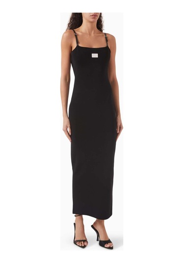 Acne Studios Logo Plaque Kısa Askılı Triko Maxi Elbise - %87 Viskoz, %12 Naylon, %1 Elastan Siyah