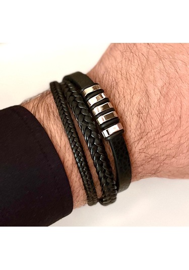 Gns Aksesuar Mixli Trend 3lü Model Siyah Erkek Bileklik 21 Cm Siyah