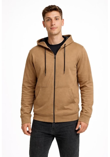 Axxel Erkek Vizon 2 İplik Fermuarlı Kapüşonlu Sweatshirt-w1084 Vizon