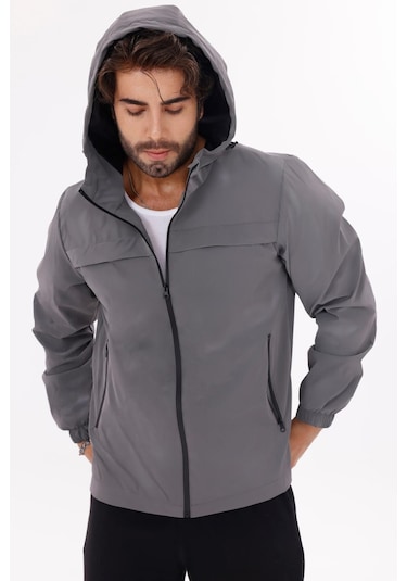 Erkek Kapüşonlu Nova Kumaş Hafif Ve Dayanıklı Şık Mevsimlik Su Ve Rüzgar Geçirmez Yağmurluk Antrasit