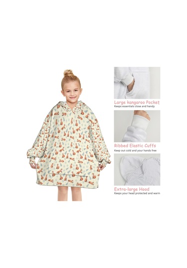 Fox Desenli Çocuk Giyilebilir Battaniye Hoodie, 6-13 Yaş İçin Kalın Flanel Kapüşonlu-a5 Fox Fern Leaf