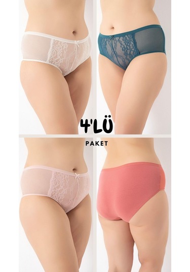 Kadın Büyük Beden Dantelli 4'lü Paket Külot Asorti-2 C4t0n5o408 001