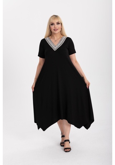 Kadın Büyük Beden Siyah Viskon Etnik Yaka Şık Elbise Siyah