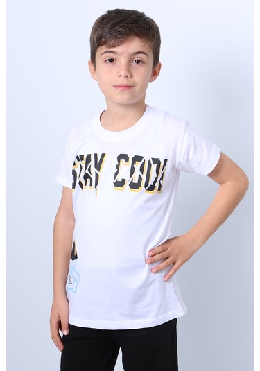 Erkek Çocuk Tişört Stay Cool Baskılı Bisiklet Yaka F18 Beyaz