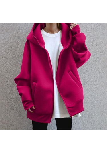 Kadın Günlük Gevşek Uzun Kollu Fermuar Kapşonlu Uzun Yastıklı Kazak Ceket Sıcak Pembe Fuşya