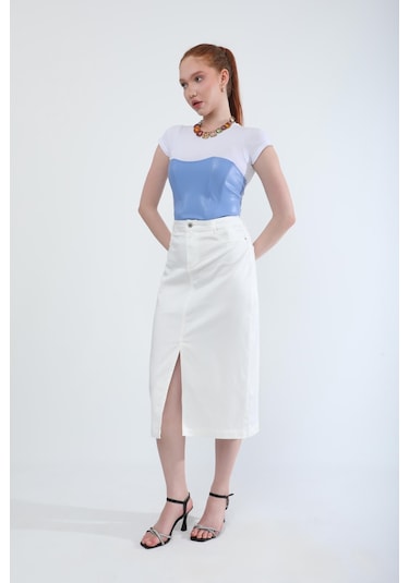 Banny Jeans Önden Yırtmaçlı Likralı Midi Etek Beyaz