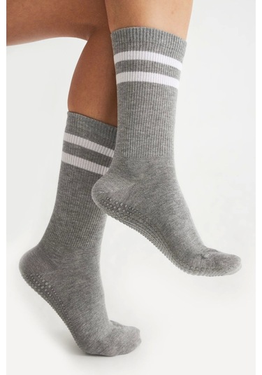 Bambu Kadın Gri Kaydırmaz Taban Silikon Baskı Yoga Fitness Pilates Bale Dans Tenis Çorabı Çok Renkli