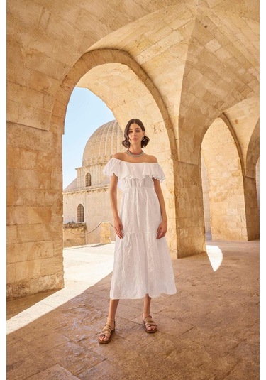 Monamise 23078 Kadın Volanlı Fisto Elbise-beyaz Beyaz