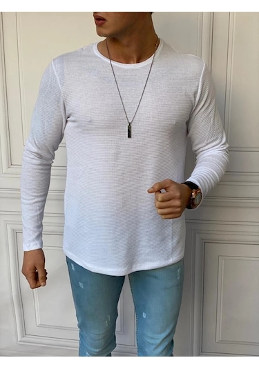 Modefendi Slim Fit İtalyan Kesim Pamuk Örme Sweat Beyaz