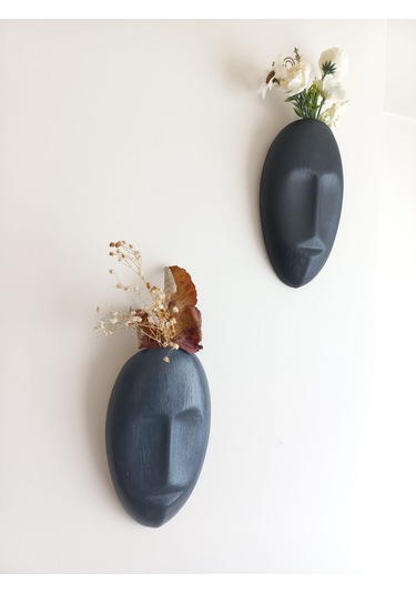 Dekoratif 2'li Yüz Duvar Vazosu, Duvar Süsü ,heykel Aksesuar Siyah Antrasit