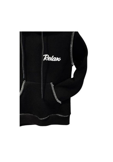 Erkek Çocuk Kapüşonlu Biye Detaylı Şardonlu Kalın Tasarım Sweatshirt-15196 Siyah