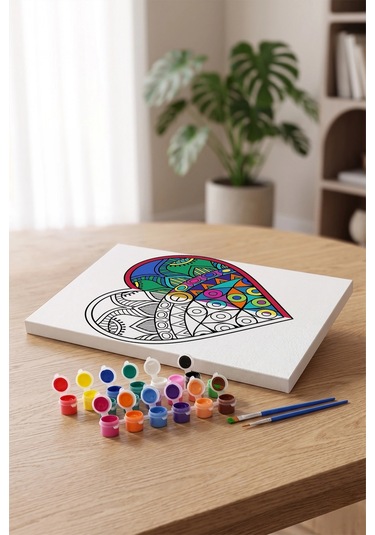Etnik Kalp Desenli Mandala Ahşap Boyama Seti 40x50 Cm
