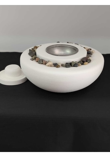 Dekoratif Masa Üstü Yuvarlak Ateş Çukuru Taş Şömine-500 Ml Yakıt Hediyeli - Beyaz