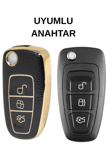 Ford Courier Focus Fiesta C-max Mondeo Custom Galaxy 3 Buton Nano Deri Anahtar Kılıfı Siyah-gold