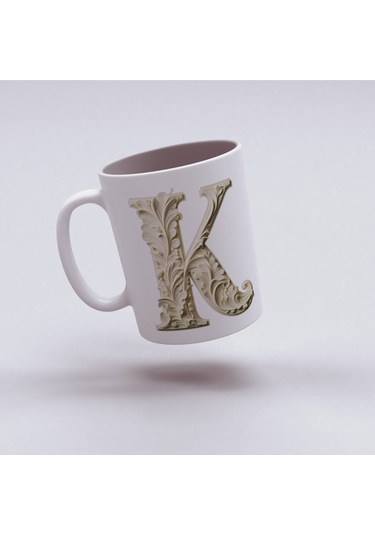 K Harfi Bardak, Monogram 330 Ml Barok Oymalı Görünüm Beyaz
