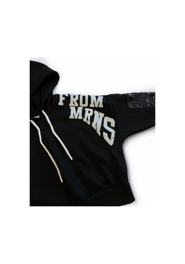 Kız Çocuk Simli Yazılı Kolları Pul Detaylı Crop Sweatshirt-15040 Siyah