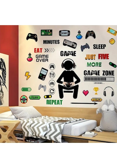Geekyou Oyun Odası Dekorasyonu Işıklı Oyun Sticker'ları - Kontrolcü, Konsol, Motivasyonel Sözler İle Oyuncu Odası Ve Yatak Odası Duvar Dekoru 30x20 Cm Beyaz