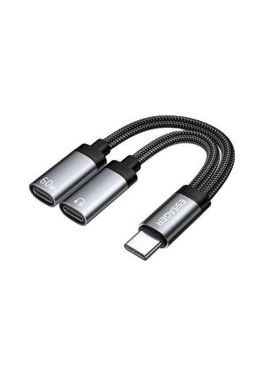 Essager 2in1 Type-c Adaptör 60w Hızlı Şarj + Type C Kulaklık Çıkışı, Hifi Ses Ve Hızlı Şarj Adaptörü Gri