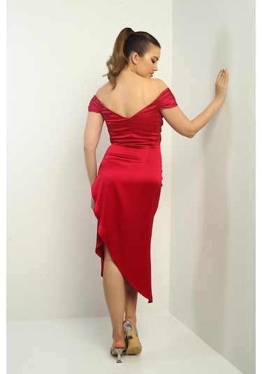 Kadın Madonna Yaka Drapeli Asimetrik Saten Kısa Elbise Mürdüm