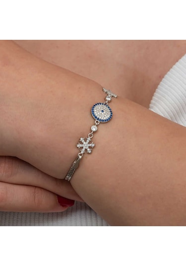Gümüş Nazarlı Kar Tanesi Kadın Bileklik Gümüş