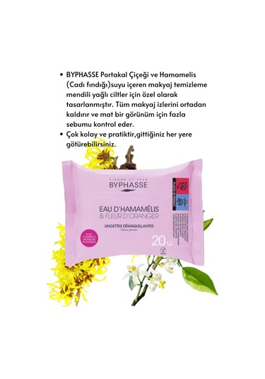 Byphasse Cadı Fındığı Ve Portakal Çiçeği Özlü Makyaj Temizleme Mendili Yağlı Ciltler 20'li