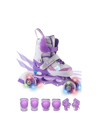 Melek Kanatlı Işıklı Çocuk Pateni Ve Dizlik Seti Silikon Teker Ayarlanabilir Paten Çantalı Lila Lila