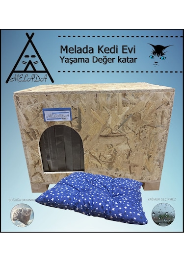 Melada Kedi Evi Dış Ortam Uygun Ahşap Kedi Evi Osb Minderli 61x41x36 Cm