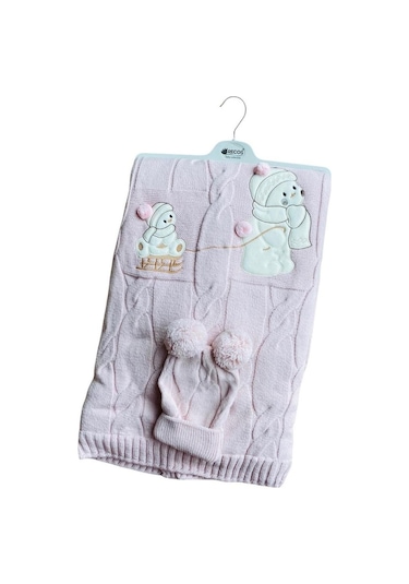 Recos Ayı Desenli Welsoftlu Şapkalı Bebek Battaniyesi Pembe