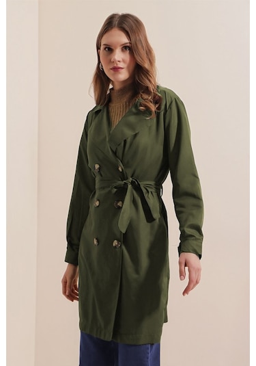 5864 Kruvaze Yaka Kısa Trençkot - Haki Haki