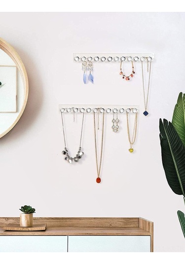 Kangvka Duvar Tipi Akrilik Gümüşlük Seti 2 Adet, 12 Elmas Şekilli Kanca İle Gümüş Ve Kolye Saklama, Kadınlar Ve Gençler İçin Pratik Hediyelik Ürün Şeffaf